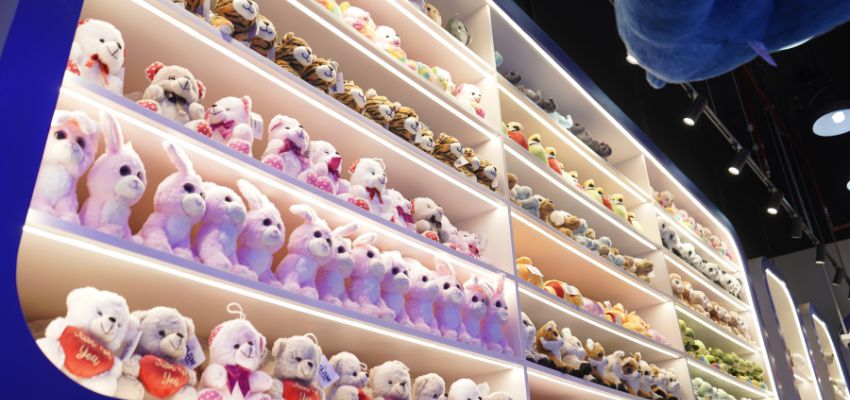 Plush toys displayed as prizes at a Claw Culture arcade